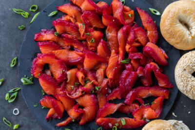 Beet Cured Salmon sliced up.