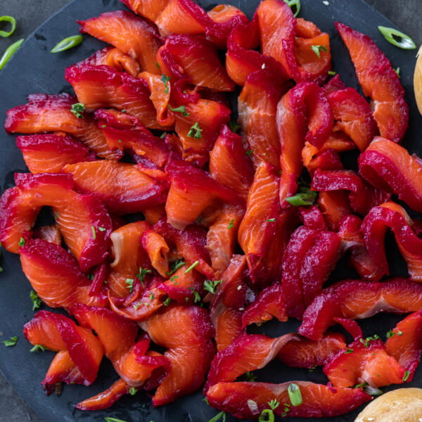 Beet Cured Salmon sliced up.