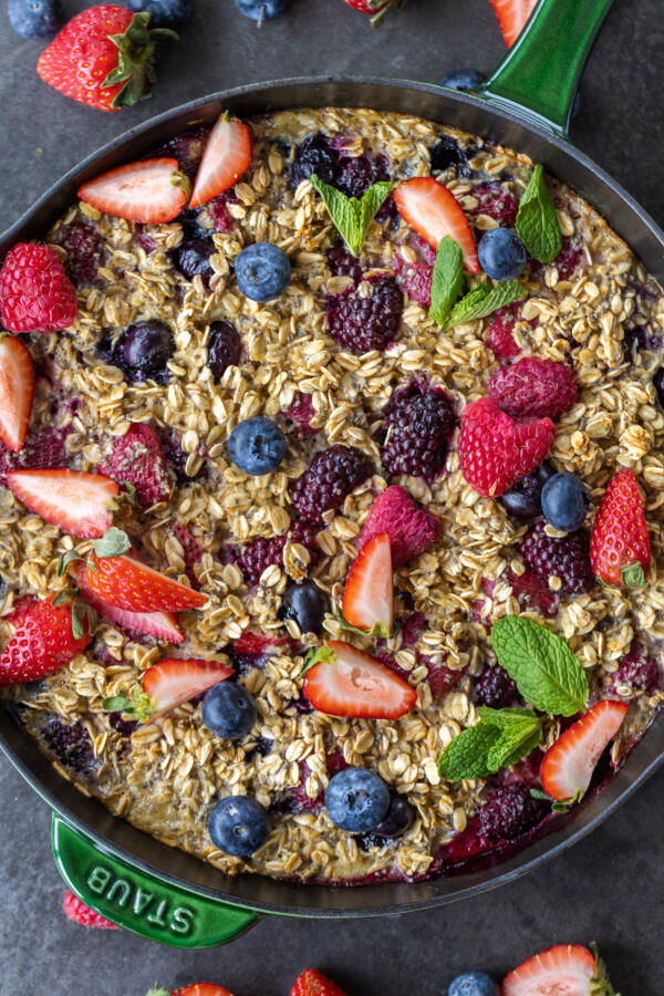 Baked Berry Oatmeal in a pan.