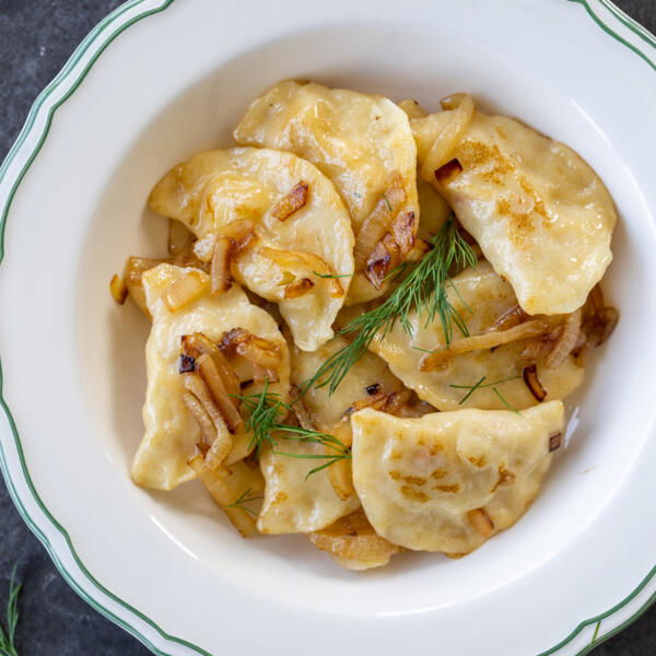 Plated Cabbage Pierogi.