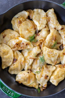 Cabbage Pierogi in a serving pan.