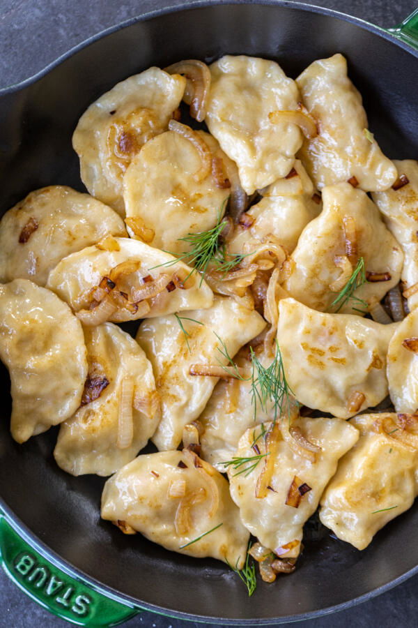 Cabbage Pierogi in a serving pan.