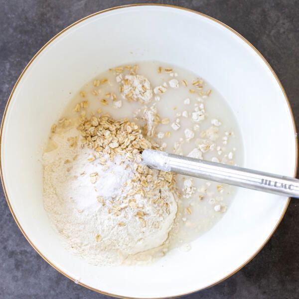 All the bread ingredients in a bowl.