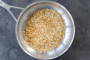 Bread crumbs on a pan.