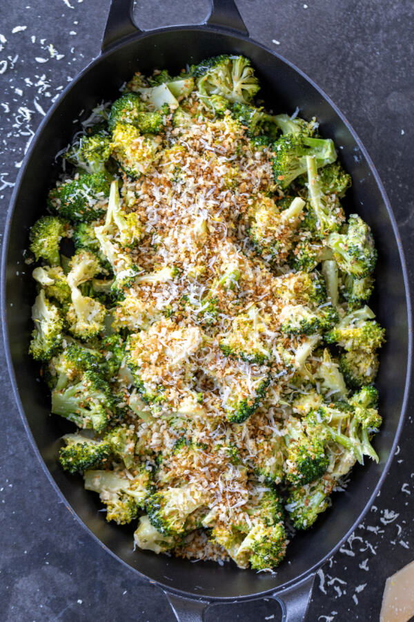 Tray with Roasted Broccoli Caesar Salad.