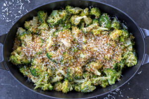 Serving tray with Roasted Broccoli Caesar Salad.
