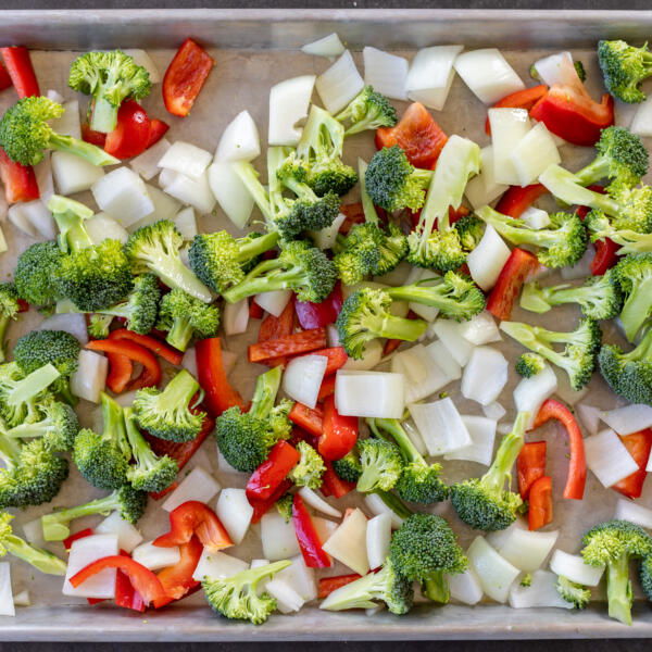 Veggies with oil on a sheetpan.