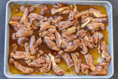 Chicken with teriyaki on a sheet pan.