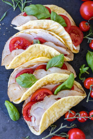 Baked Cottage Cheese Flatbread with turkey and tomatoes.