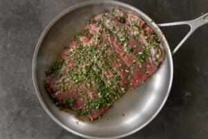 Pan with Steak Chimichurri sauce.
