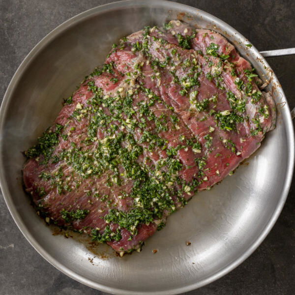 Pan with Steak Chimichurri sauce.