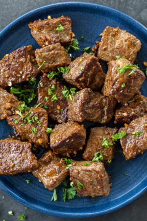 Plated Garlic Butter Steak Bites.