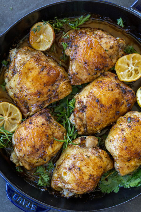 Baking pan with Herb Roasted Chicken Thighs.