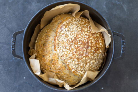 Oat Sourdough Bread baked in a dutch oven.