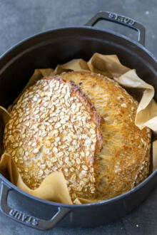 Dutch oven with Oat Sourdough Bread.