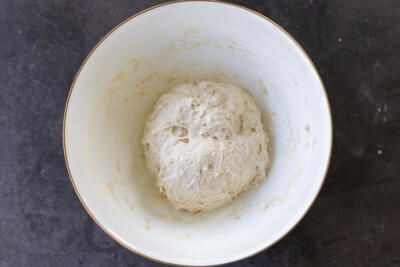 Oat Sourdough Bread dough in a bowl.