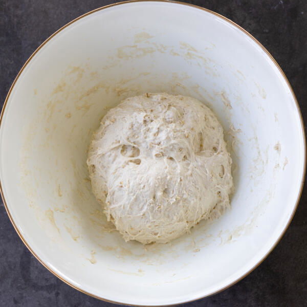 Oat Sourdough Bread dough in a bowl.