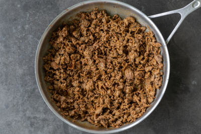 Cooked Beef in a pan.