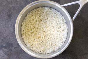 Cooked rice in a pan.