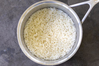Cooked rice in a pan.