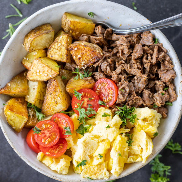 Make-Ahead Breakfast Bowls with toppings.