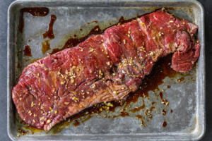 Skirt steak with marinade.