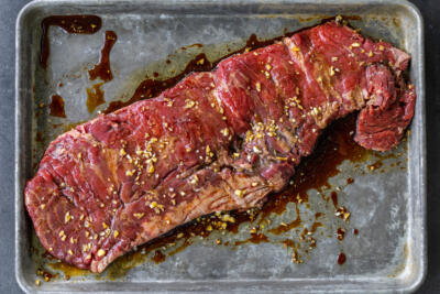 Skirt steak with marinade.