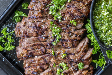 Sliced up Skirt Steak on a tray.