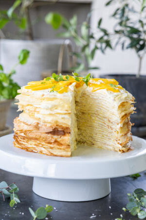 Sliced Mango Crepe Cake.