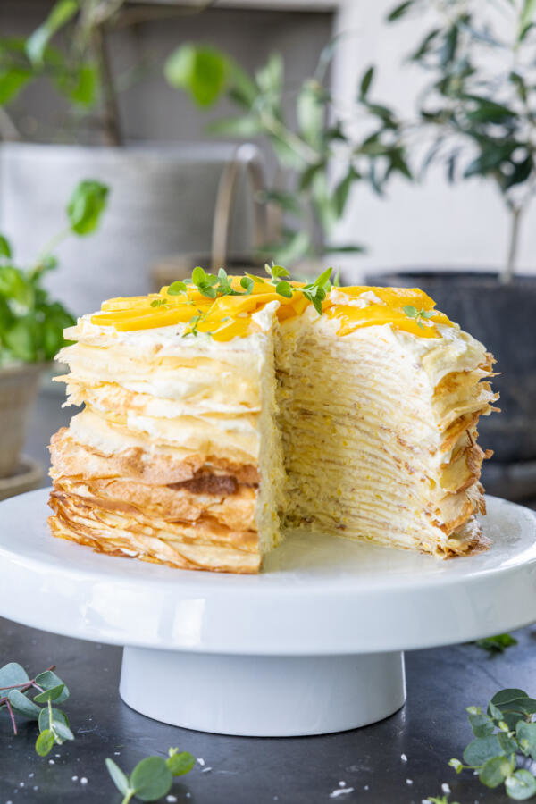 Sliced Mango Crepe Cake.