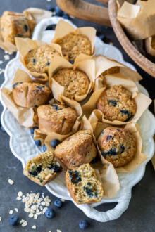 Plate of Banana Blueberry Oat Muffins.