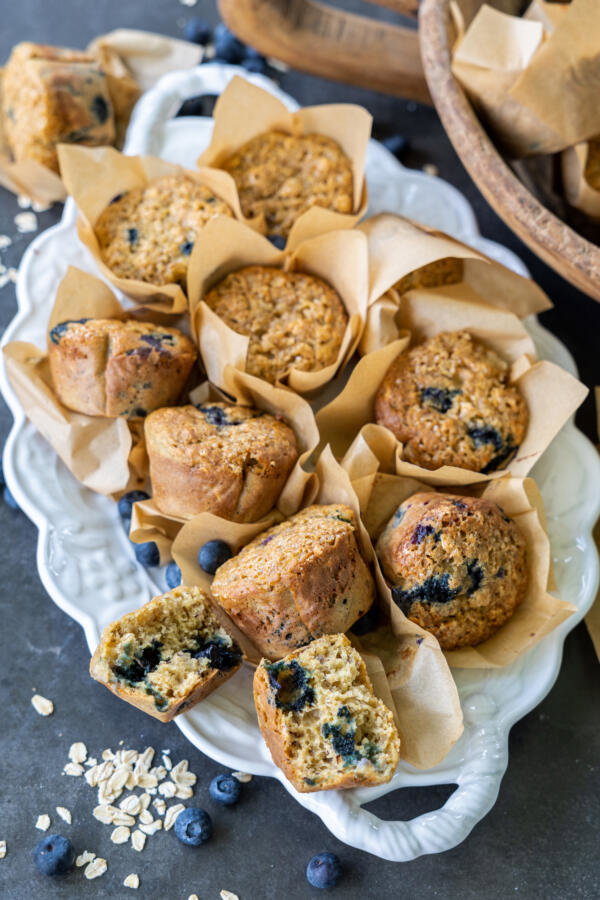 Plate of Banana Blueberry Oat Muffins.