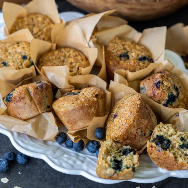 Plated Banana Blueberry Oat Muffins.