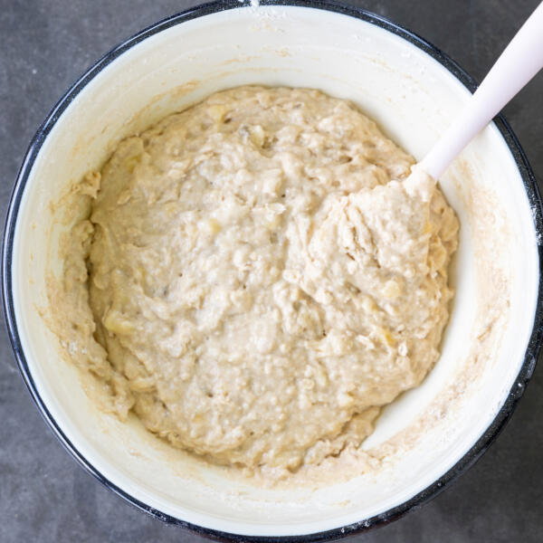 Blueberry muffin batter in a bowl.