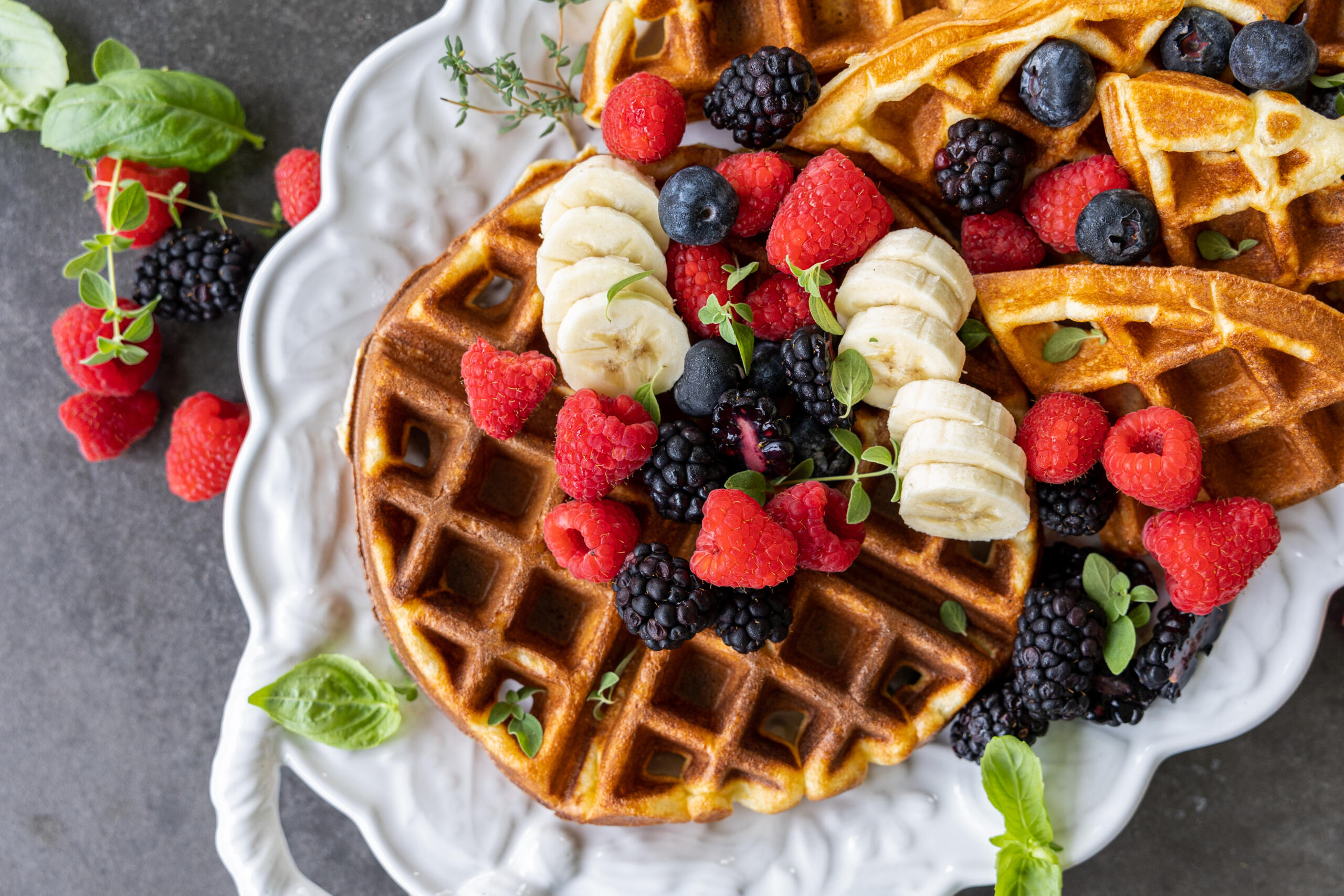 Cottage Cheese Waffles on a serving tray.