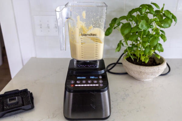 ingredients for Cottage Cheese Waffles in a blender.