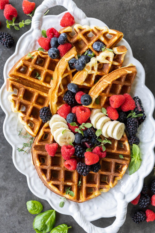 Cottage Cheese Waffles on a serving tray.