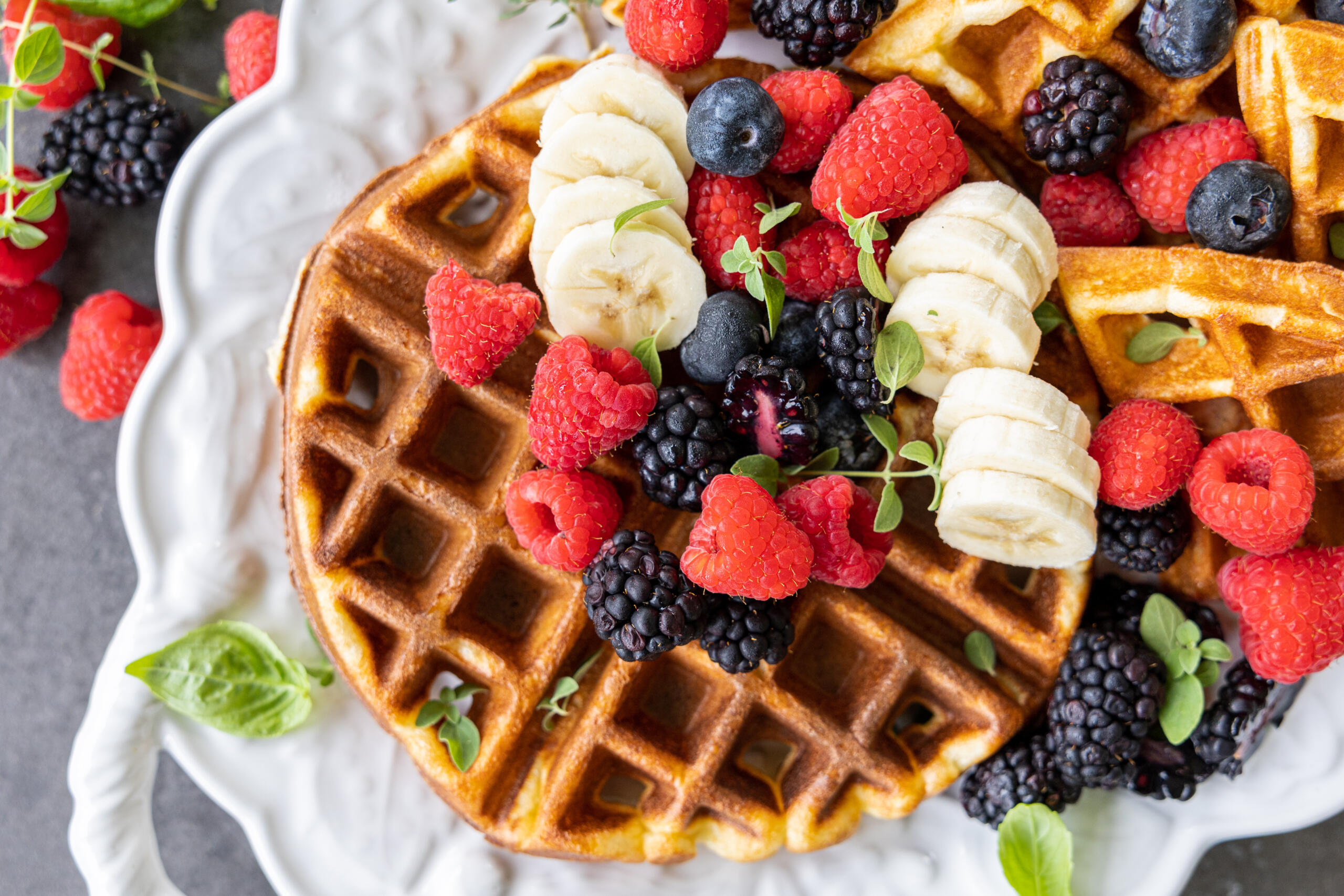 Cottage Cheese Waffles on a serving tray.