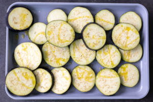 Seasoned eggplant on a tray.