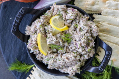 Sardine Rillettes in a serving dish with crackers.