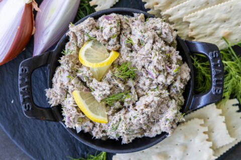 Sardine Rillettes in a serving dish with crackers.