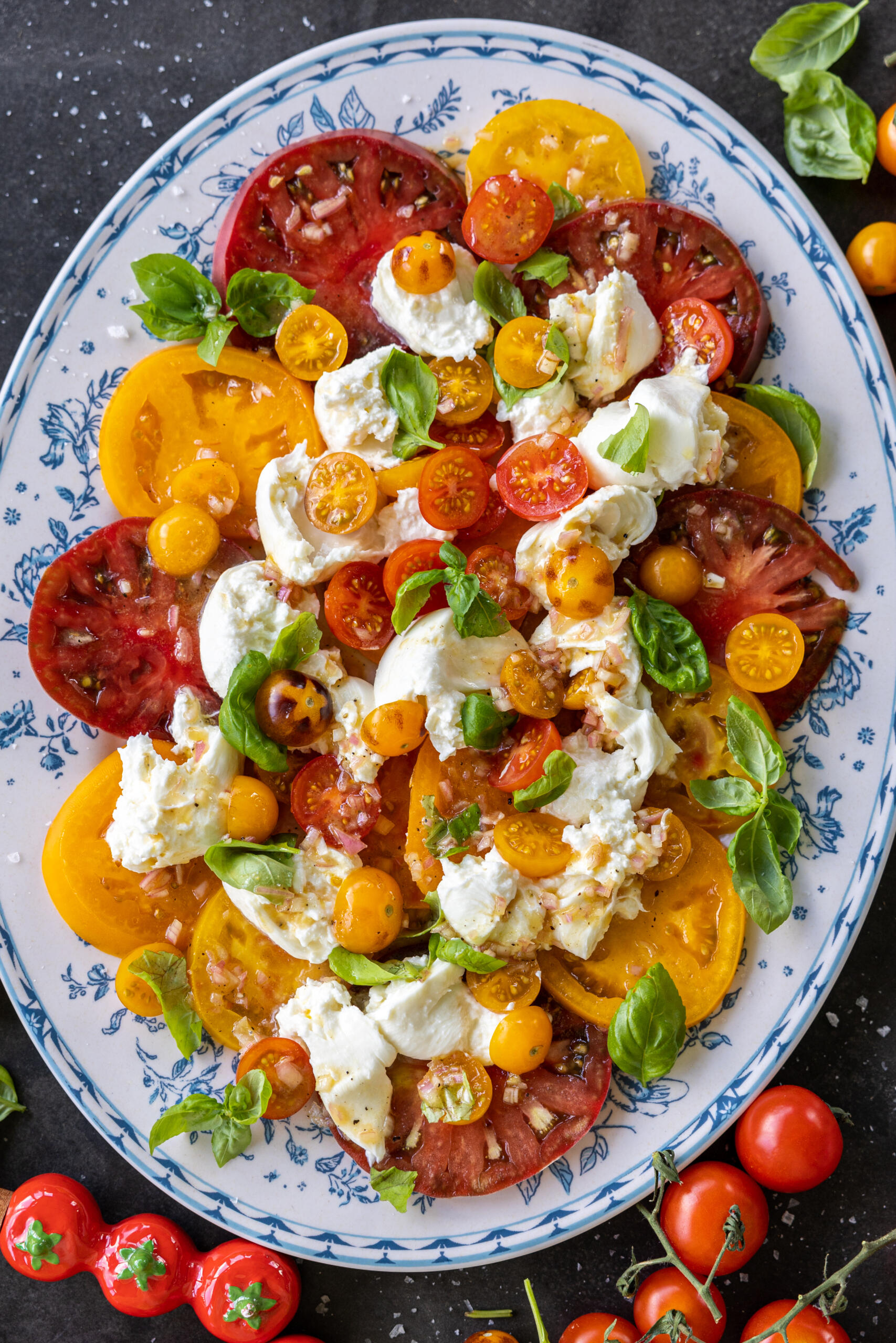 Plated Tomato Burrata Salad.