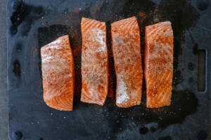 Salmon in a pan.