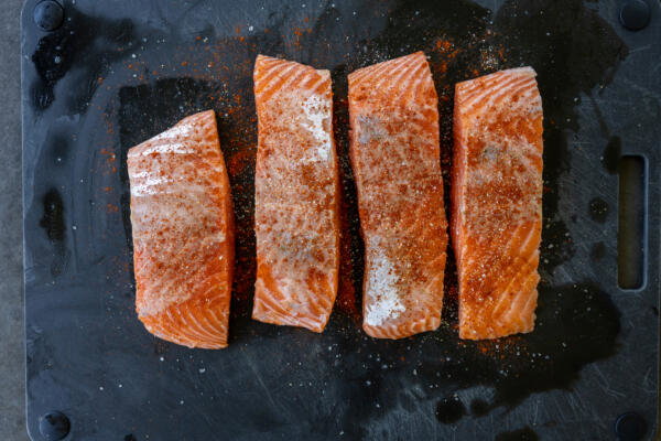 Salmon in a pan.