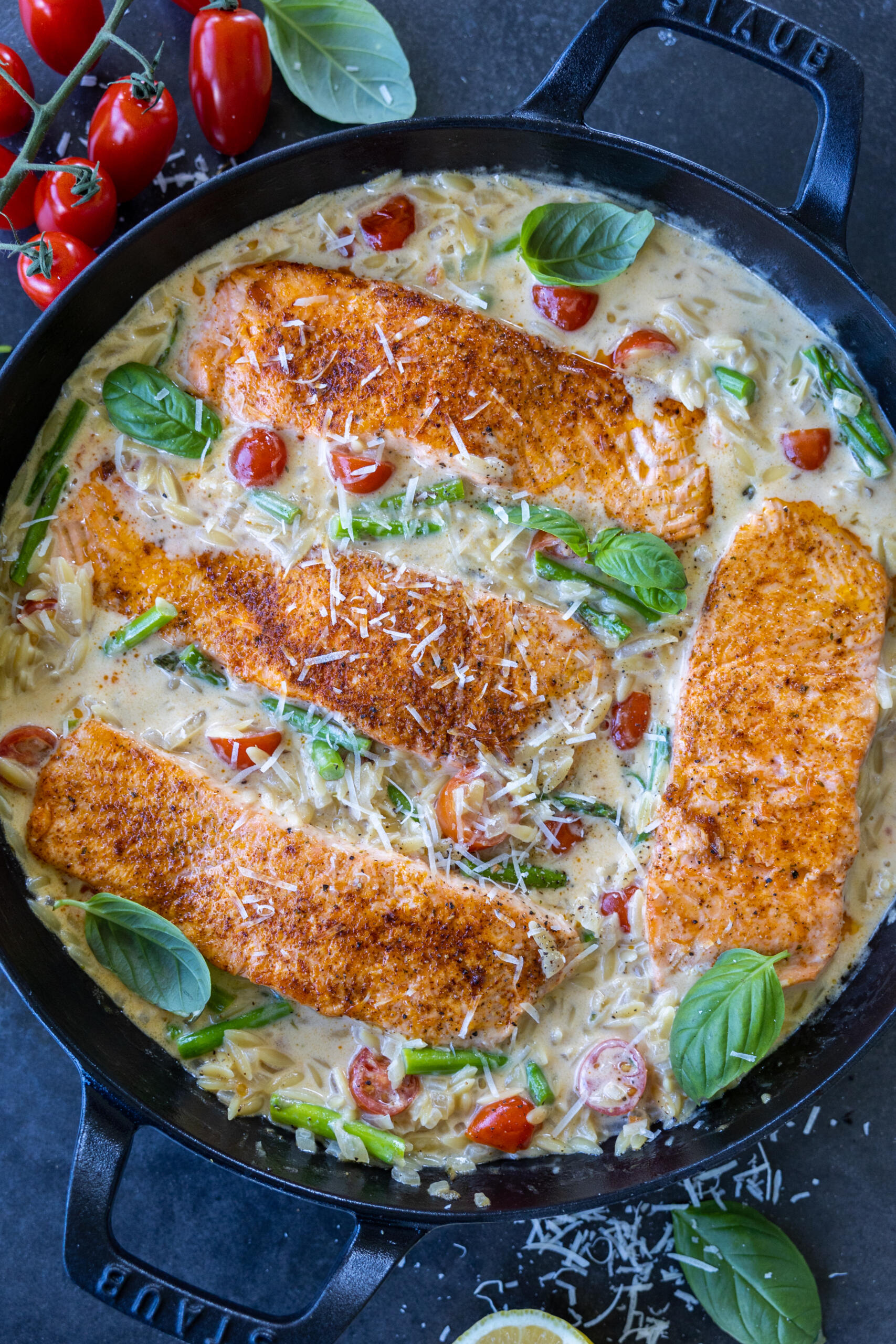 Creamy Salmon Orzo in a serving pan.