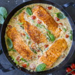 Creamy Salmon Orzo in a serving tray.