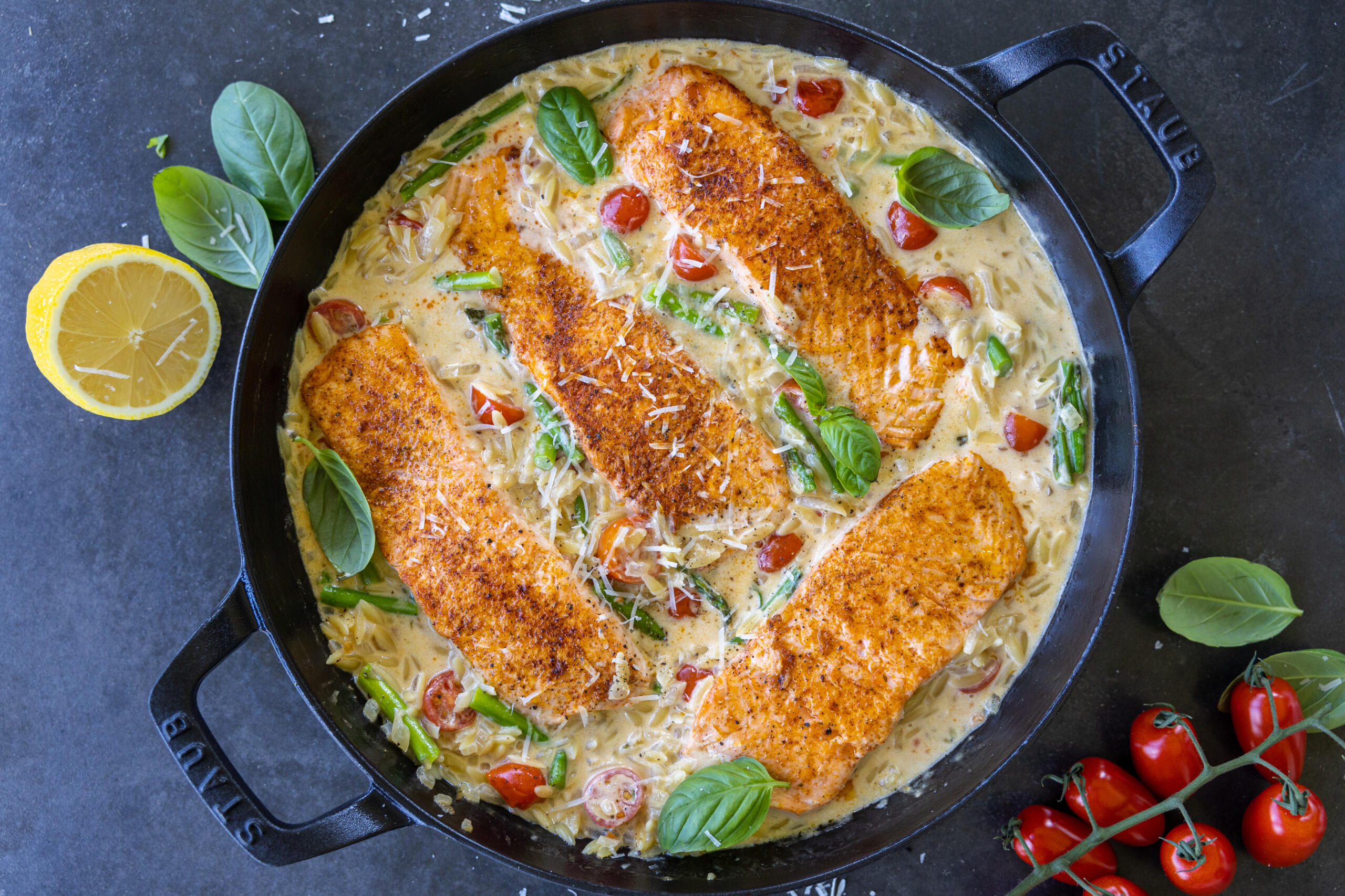Creamy Salmon Orzo in a serving tray.