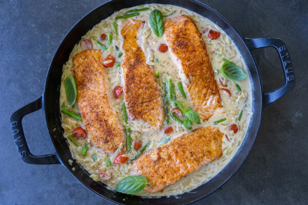 Creamy Salmon Orzo in a serving dish.