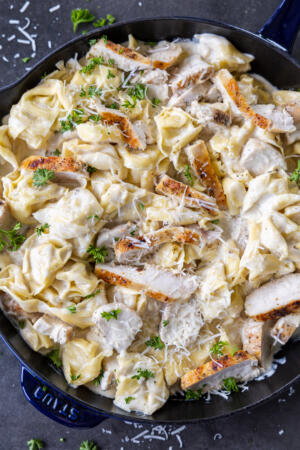 Chicken Alfredo Tortellini in a pan.