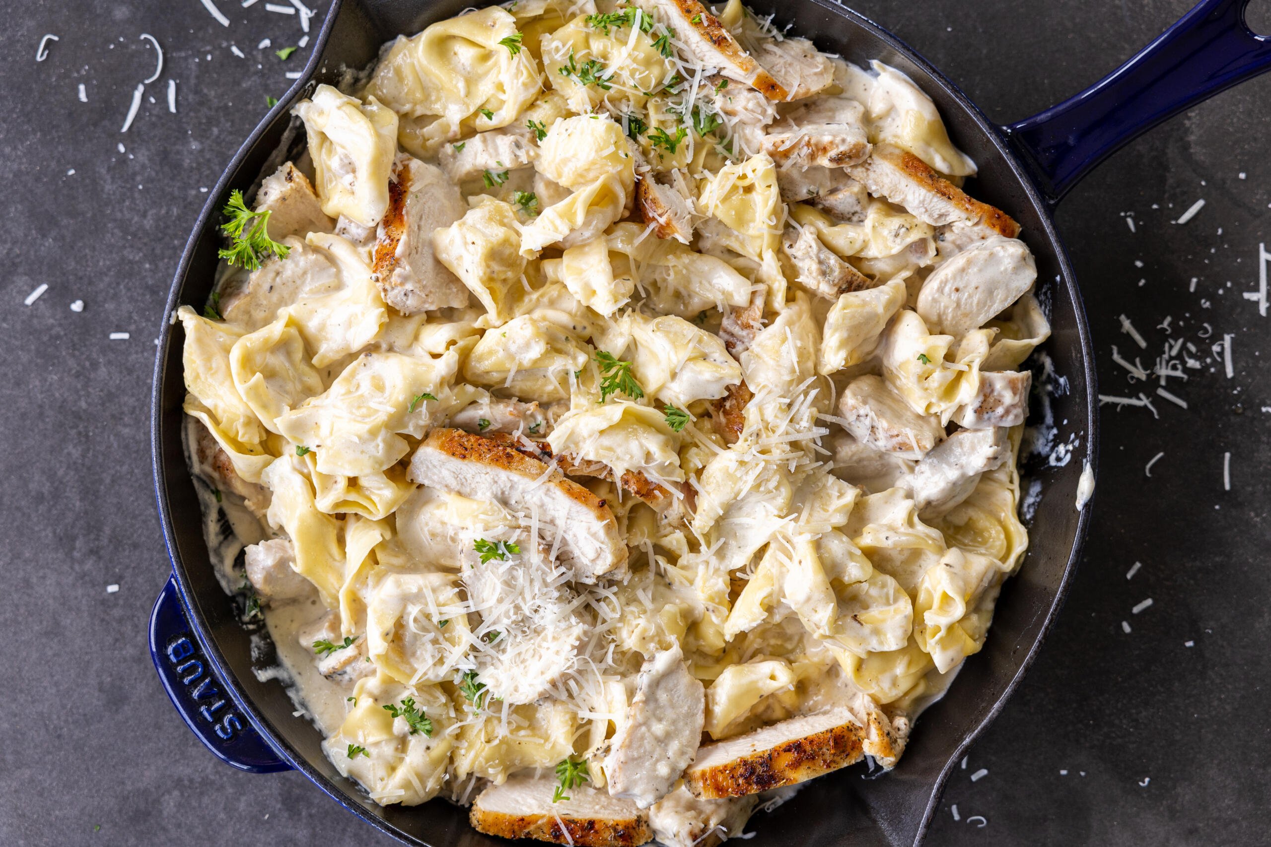 Plated Chicken Alfredo Tortellini.